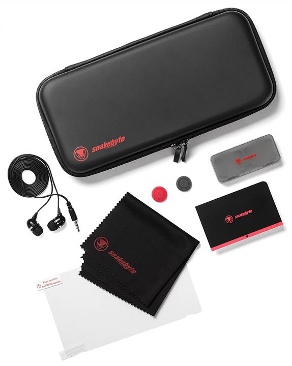 Snakebyte NSW Starter:Kit - Starter Set for Nintendo Switch includes bag, game case for game cartridges, controller caps, stereo in-ear headphones, screen protector, cleaning cloth, soft card