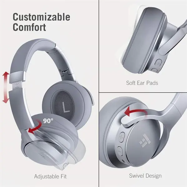هدفون بی سیم تائوترونیکس Active Noise Cancelling Bluetooth Headphones HiFi Stereo Wireless Over Ear Deep Bass Headset w/CVC Noise Canceling Microphone 30 Hour Playtime-Silver