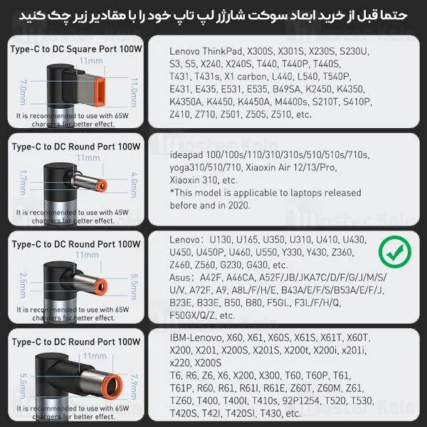 کابل شارژر مگنتی تایپ-سی به DC پورت سوزنی لپ تاپ لنوو باسئوس Baseus مدل Zinc Series توان 100 وات طول 2متر Baseus Zinc Lenovo Type-C to DC Rounded Port 5.5*2.5mm Model CATXC-X01 - 3