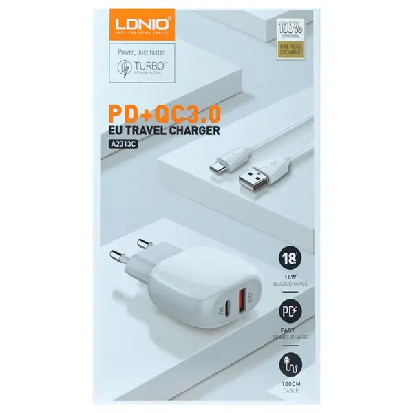 شارژر دیواری فست شارژ LDNIO A2313C 2Port QC3.0 PD 18W + کابل Type-C - 2