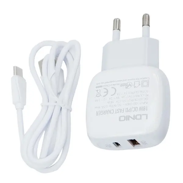 شارژر دیواری فست شارژ LDNIO A2313C 2Port QC3.0 PD 18W + کابل Type-C - 4