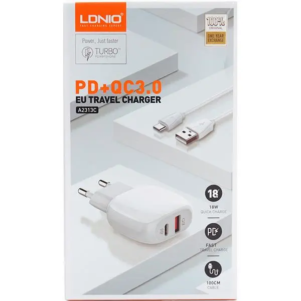 شارژر دیواری فست شارژ LDNIO A2313C 2Port QC3.0 PD 18W + کابل Type-C - 5