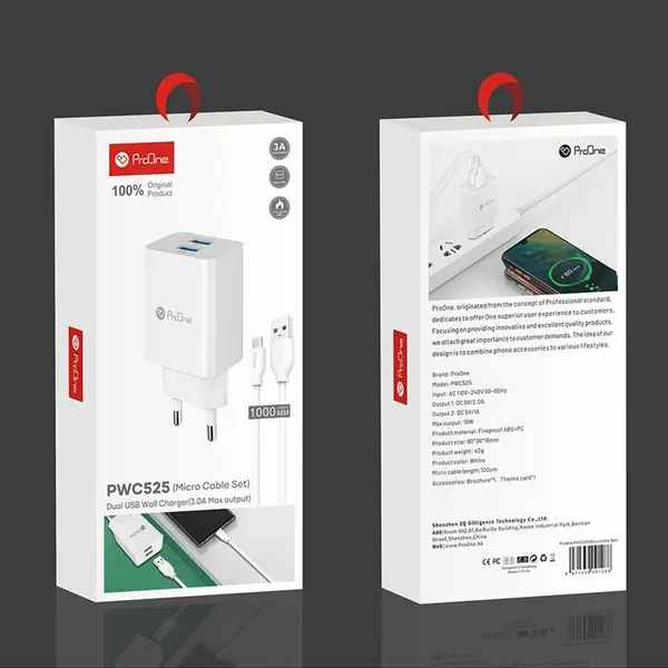 شارژر دیواری پرووان با کابل میکرو مدل PWC525 ProOne PWC525 Wall Charger With MicroUSB Cable - 3