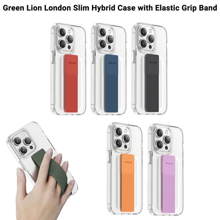 گارد هیبریدی شفاف بند دار iPhone 14 Pro مارک Green Lion مدل London Slim Hybrid Case with Elastic Grip Band