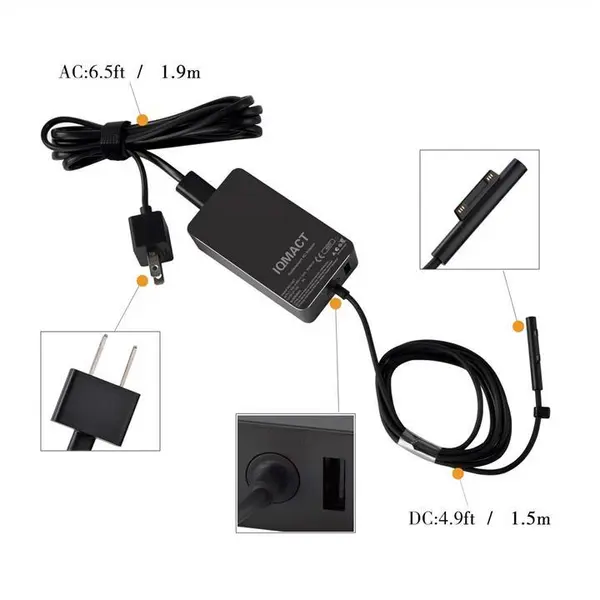 شارژر تبلت مایکروسافت سرفیس پرو 3 و 4 15 ولت 2.58 آمپر IQMACT 15V 2.58A 44W Power Supply Charger Compatible with Microsoft Surface Pro 3 Pro 4 Pro 5, Surface Book, Windows Tablet Laptop AC Adapter Replacement Cord with USB Charging Port Model 1800 - 2