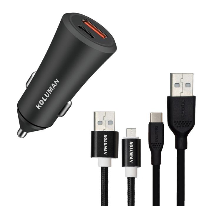 شارژر فندکی کلومن مدل KC - C3 به همراه کابل MICROUSB و USB - C