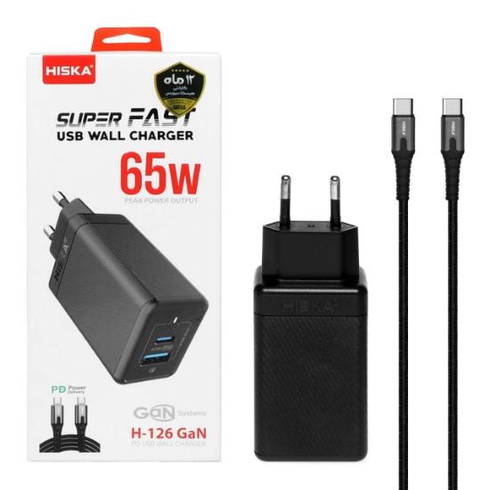 شارژر دیواری فست شارژ PD دوپورت 65 وات هیسکا مدل H-126GAN به همراه کابل تبدیل USB-C