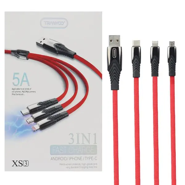 کابل ۳ سر فست شارژ Tranyoo XS3 5A 1.2m - 5