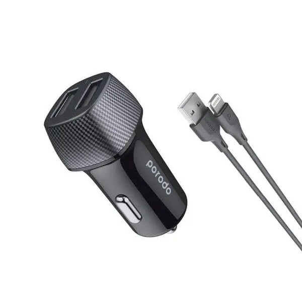 شارژر فندکی فست شارژ با کابل لایتنینگ پورودو Porodo Dual Port Car Charger Lightning Cable PD-34CCV2L
