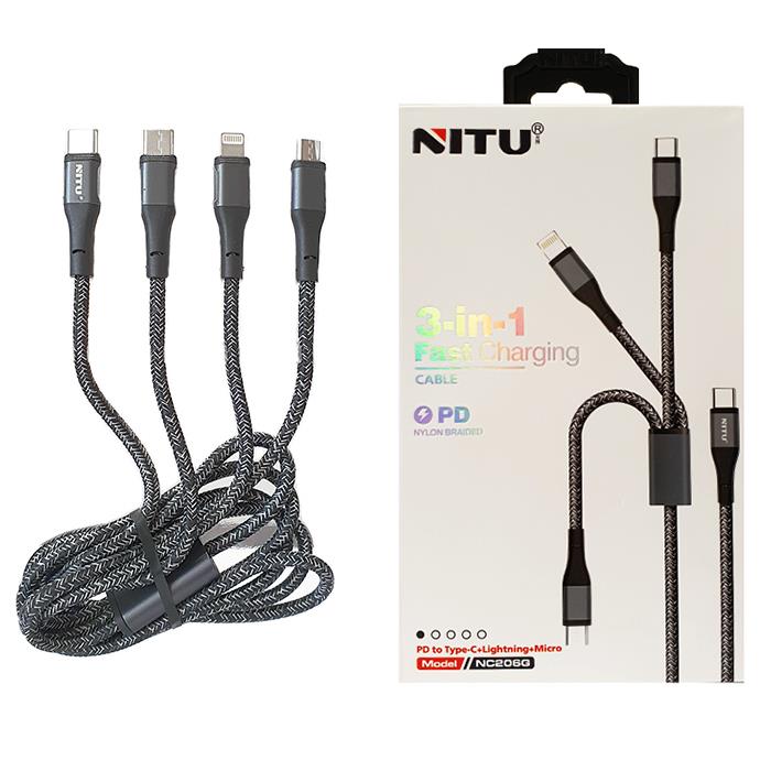 کابل 3سر 3in1 فست شارژ نیتو NITU NC206 طول 1.2 متر