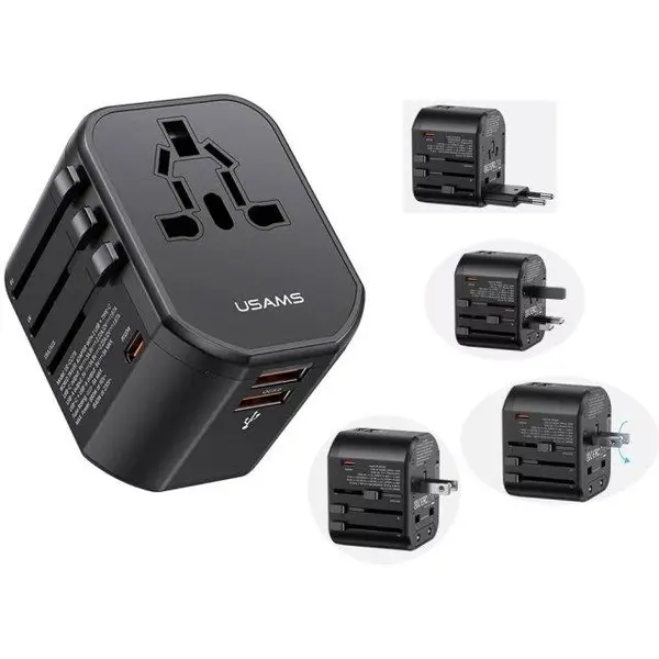 شارژر مسافرتی دو یواس بی، یک تایپ سی و یک سوکت برق 20 وات یوسامز USAMS US-CC179 T59 20W USB Type-C Universal Travel Charger 20W - 2