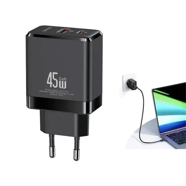 شارژر دیواری فست تایپ سی و یو اس بی 45 وات یوسامز USAMS US-CC178 T58 45W A C GaN Fast Charger EU - 2