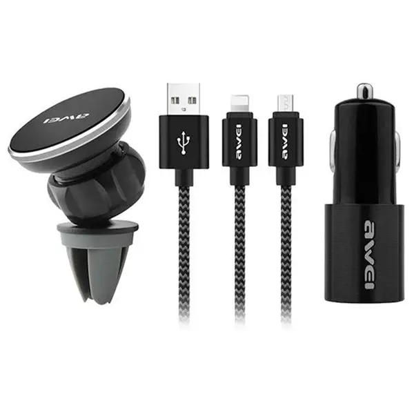 شارژر فندکی اوی مدل x10 همراه با کابل دو سر و پایه نگه دارنده موبایل awei X10 Car kit car charger with cable and holder - 5