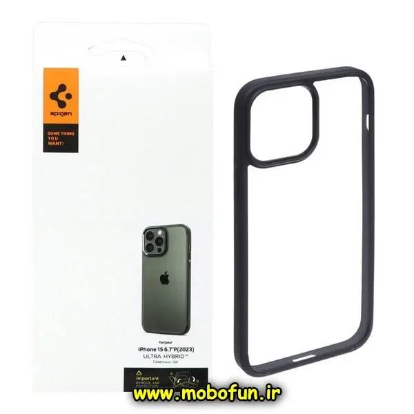 قاب گوشی iPhone 15 Pro Max آیفون spigen طرح Ultra HYBRID طلقی شیشه ای شفاف مشکی کد 12