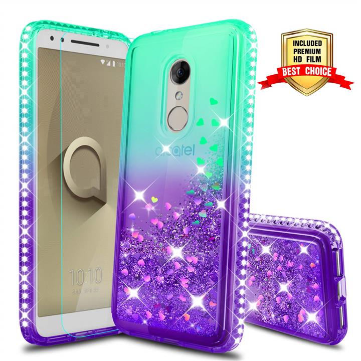 Alcatel 3 Case, Revvl 2 Case [T-Mobile] with HD Screen Protector, Atump Glitter Liquid Diamond Cute TPU Silicone Protective Phone Cover Case for Alcatel 3 Green/Purple