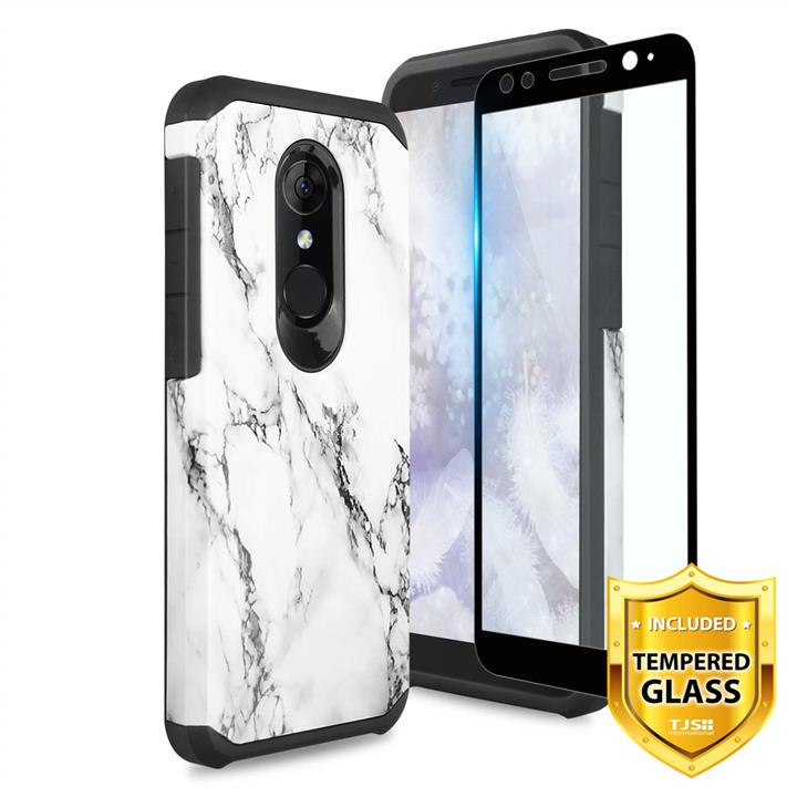 TJS Alcatel Revvl 2 Case (T-Mobile), with [Full Coverage Tempered Glass Screen Protector] Dual Layer Hybrid Shockproof Drop Protection Impact Rugged Marble Phone Case Cover (White)