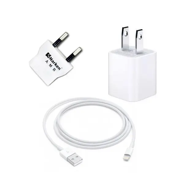 کابل تبدیل USB به لایتنینگ فاکسکان همراه با شارژر دیواری فاکسکان و مبدل برق نارکن مدل NK 605k5 - 2