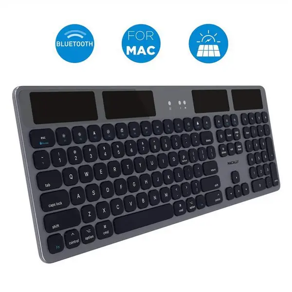 Macally Bluetooth Wireless Solar Keyboard for Mac Mini/Pro, iMac Desktop Computers & Apple MacBook Pro/Air Laptops | Rechargeable Via Any Light Source | Caps Lock/Battery Indicators - Space gray - 5