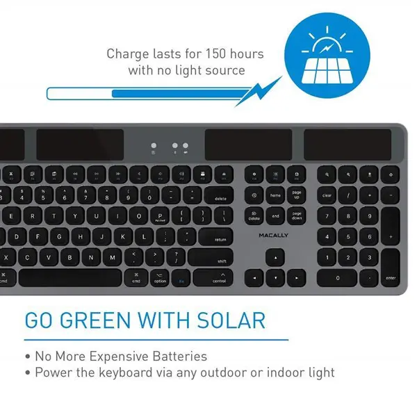 Macally Bluetooth Wireless Solar Keyboard for Mac Mini/Pro, iMac Desktop Computers & Apple MacBook Pro/Air Laptops | Rechargeable Via Any Light Source | Caps Lock/Battery Indicators - Space gray - 2
