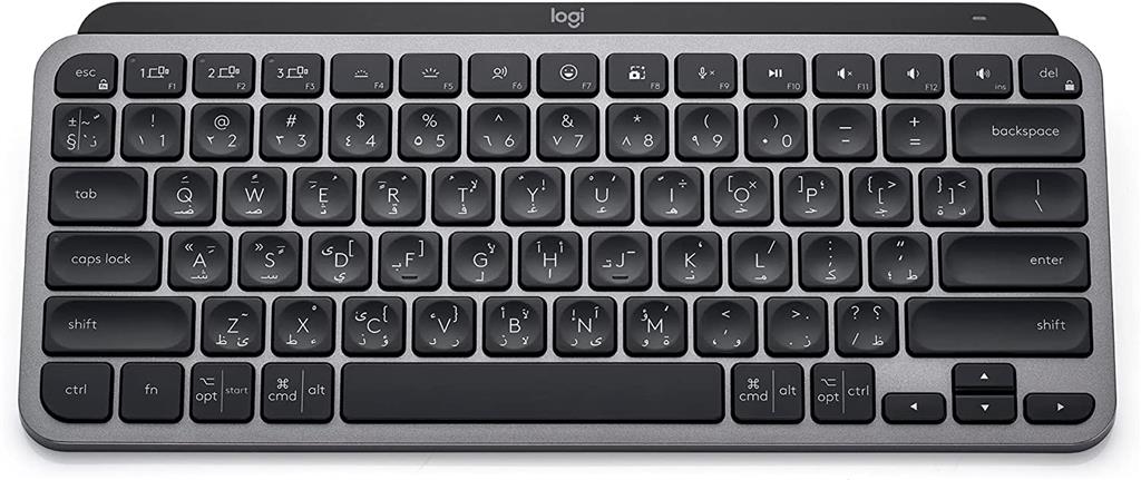 صفحه کلید روشن بی سیم Mini minimalist Logitech MX Keys، جمع و جور، بلوتوث، نور پس زمینه، USB-C، سازگار با Apple macOS، iOS، Windows، Linux، Android، Metal Build، صفحه کلید عربی  گرافیت