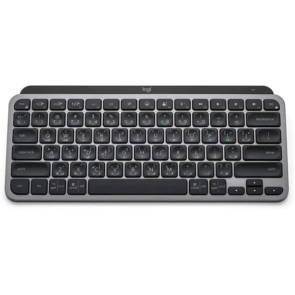 صفحه کلید روشن بی سیم Mini minimalist Logitech MX Keys، جمع و جور، بلوتوث، نور پس زمینه، USB-C، سازگار با Apple macOS، iOS، Windows، Linux، Android، Metal Build، صفحه کلید عربی گرافیت