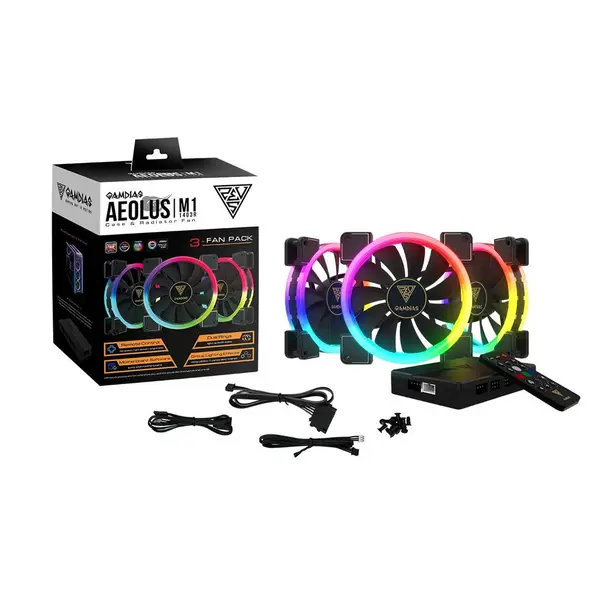GAMDIAS RGB Case Fan 140mm Dual Light Loop Motherboard Sync with Remote Control Color - Three Fan Pack Cooling Aeolus M1-1403R