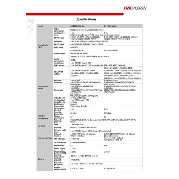 ضبط کننده ویدئویی تحت شبکه هایک ویژن مدل DS-7208HUHI-K1 HIKVISION DS-7208HUHI-K1 DVR