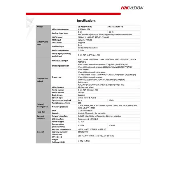 هایک ویژن دستگاه DVR مدل DS-7216HGHI-F2