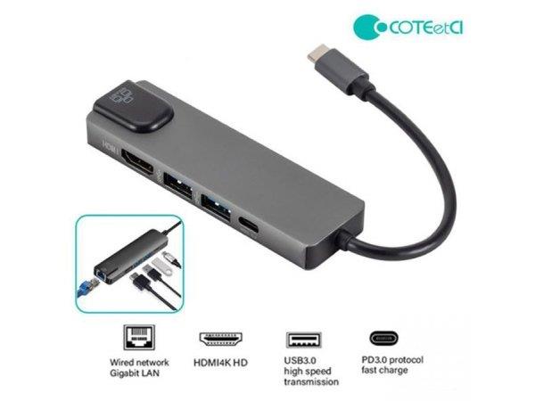 هاب تایپ سی پنج پورت کوتتسی Coteetci HDMI USB3.0*2 ·PD3.0 Gigabit Ethernet 16002