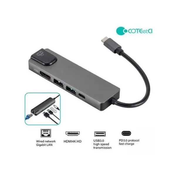 هاب تایپ سی پنج پورت کوتتسی Coteetci HDMI USB3.0*2 ·PD3.0 Gigabit Ethernet 16002