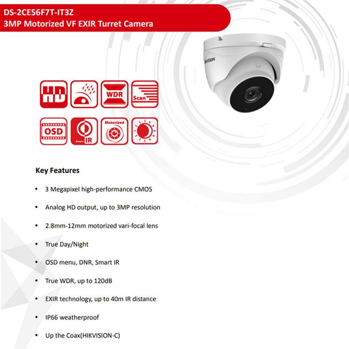 دوربین مدار بسته هایک ویژن مدل DS-2CE56F7T-IT3Z Hikvision DS-2CE56F7T-IT3Z 3MP WDR Motorized VF EXIR Turret Camera