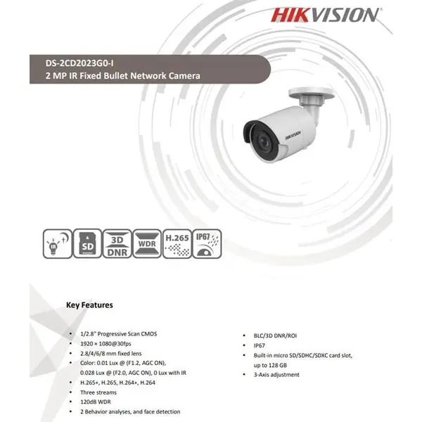 دوربین بولت 2 مگاپیکسل هایک ویژن مدل DS-2CD2023G0-I Hikvision DS-2CD2023G0-I 2MP IR Fixed Bullet Network Camera - 2