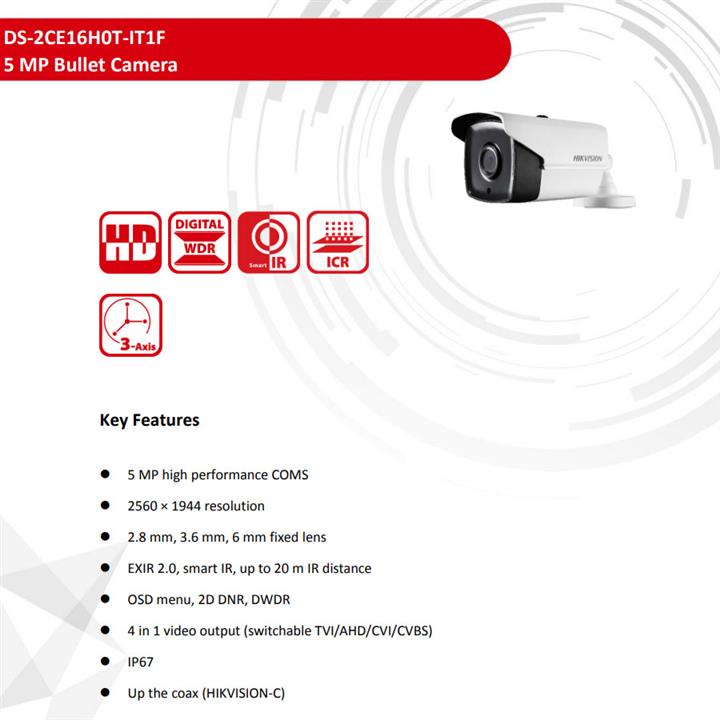 دوربین بولت 5 مگاپیکسل هایک ویژن مدل DS-2CE16H0T-IT1F