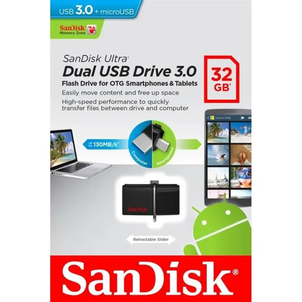 فلش مموری USB-OTG سن دیسک مدل آلترا دوآل ظرفیت 32 گیگابایت SanDisk Ultra Dual USB OTG Flash Drive - 32GB - 5