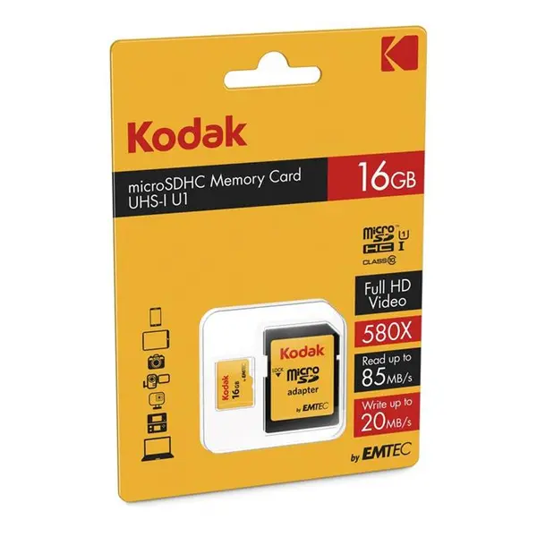 کارت حافظه کداک کلاس 10 استاندارد UHS I U1 سرعت 85MB/s 580X همراه با آداپتور تبدیل 16GB Kodak UHS I U1 Class 10 85MB/s 580X microSDHC With Adapter 16GB