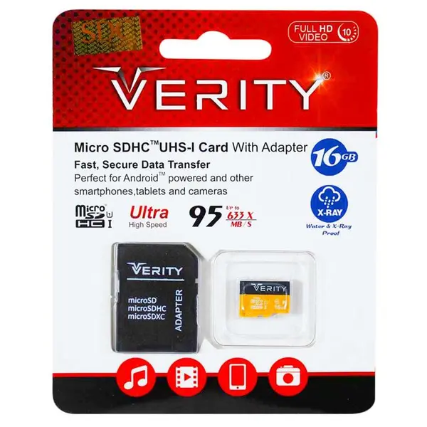 حافظه میکرو اس دی وریتی مدل یو 1 با ظرفیت 16 گیگابایت VERITY MicroSDHC Class 10 U1 95MB/S Memory Card 16GB