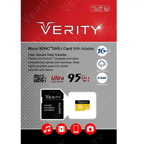 حافظه میکرو اس دی وریتی مدل یو 1 با ظرفیت 16 گیگابایت VERITY MicroSDHC Class 10 U1 95MB/S Memory Card 16GB