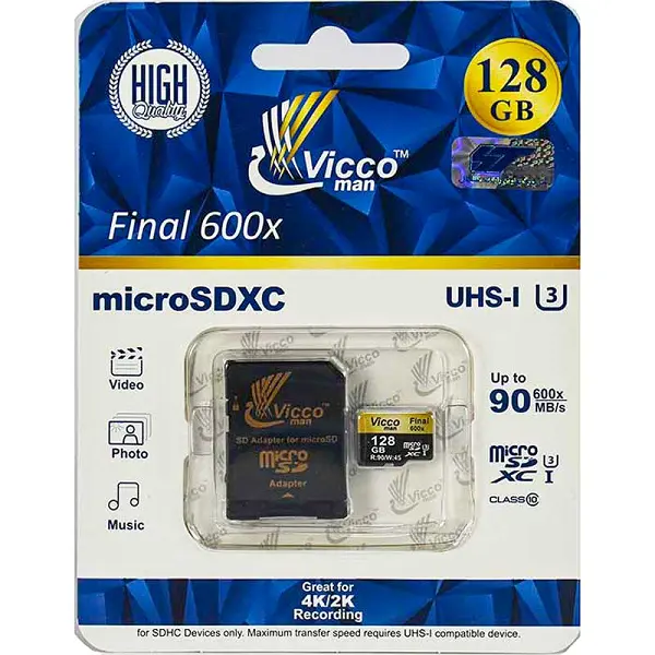 رم میکرو 128 گیگ Vicco man MicroSD U3 90MB/S final 600x Vicco man microSDXC Final 600X UHS-l U3 90MB/s- 128GB