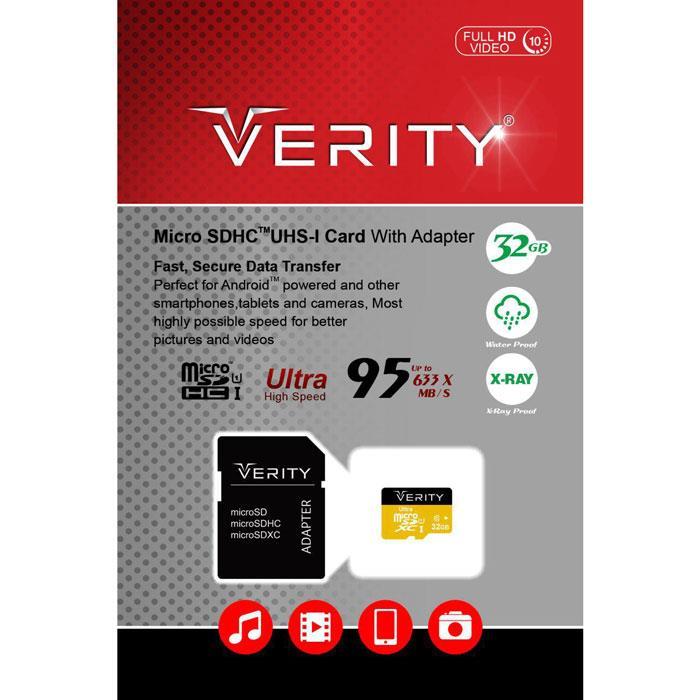 حافظه میکرو اس دی وریتی مدل یو 1 به همراه آداپتر با ظرفیت 32 گیگابایت VERITY MicroSDHC Class 10 U1 95MB/S Memory Card With Adapter 32GB