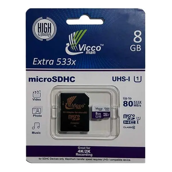 حافظه میکرو اس دی اچ سی ویکومن مدل یو 1 533 ایکس به همراه آداپتر با ظرفیت 8 گیگابایت Vicco Man micro SDHC UHS-I U1 533X CLASS 10 Memory Card With Adapter 8GB