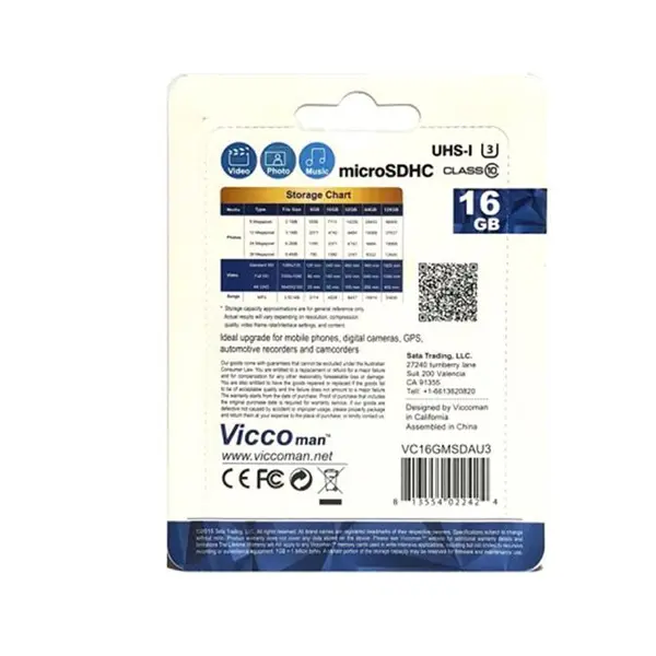 مموری بدون پک 16 گیگ VICCO 600X U3 Vicco man 16GB Class 10 microSDHC 600X U3 Memory Card