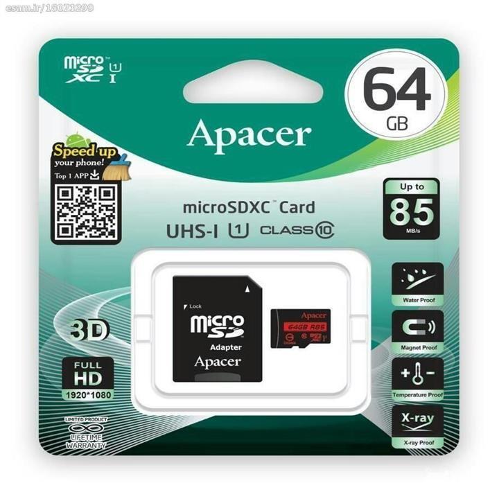 کارت حافظه اپیسر میکرو اس دی ایکس سی 64 گیگابایت کلاس 10 با سرعت 85 مگابایت در ثانیه به همراه آداپتور تبدیل Apacer MicroSDXC 64GB UHS-I U1 Class 10 - 85MBps With Adaptor
