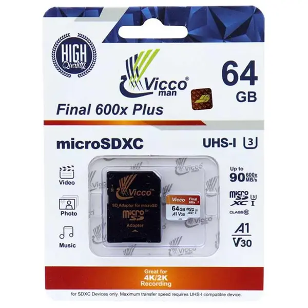 کارت حافظه میکرو اس دی ویکو من 64 گیگابایت Vicco man Vicco man microSDHC Final 600X UHS-I U3 90MBps 64GB