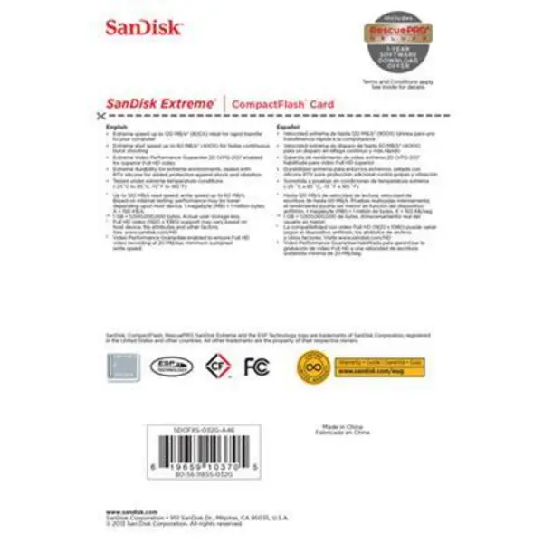 کارت حافظه CompactFlash سن دیسک مدل Extreme سرعت 800X 120MBps ظرفیت 32 گیگابایت SanDisk Extreme CompactFlash 800X 120MBps - 32GB - 3