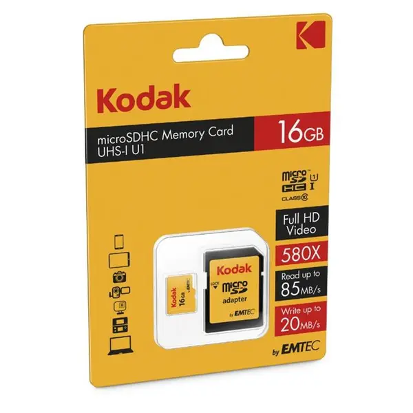 کارت حافظه microSDHC امتک کداک کلاس 10 استاندارد UHS-I U1 سرعت 85MBps 580X همراه با آداپتور SD ظرفیت 16 گیگابایت Emtec Kodak UHS-I U1 Class 10 85MBps 580X With Adapter - 16GB