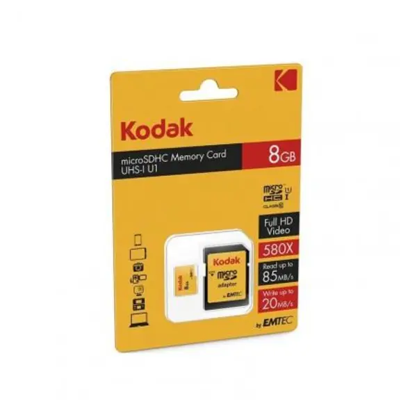 کارت حافظه microSDHC امتک کداک کلاس 10 استاندارد UHS-I U1 سرعت 85MBps 580X به همراه آداپتور SD ظرفیت 8 گیگابایت Emtec Kodak UHS-I U1 Class 10 85MBps 580X microSDHC With Adapter - 8GB