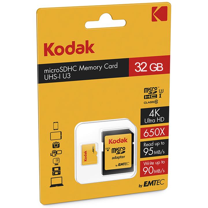 کارت حافظه microSDHC امتک کداک کلاس 10 استاندارد UHS-I U3 سرعت 95MBps 650X به همراه آداپتور SD ظرفیت 32 گیگابایت Emtec Kodak UHS-I U3 Class 10 95MBps 650X microSDHC With Adapter - 32GB