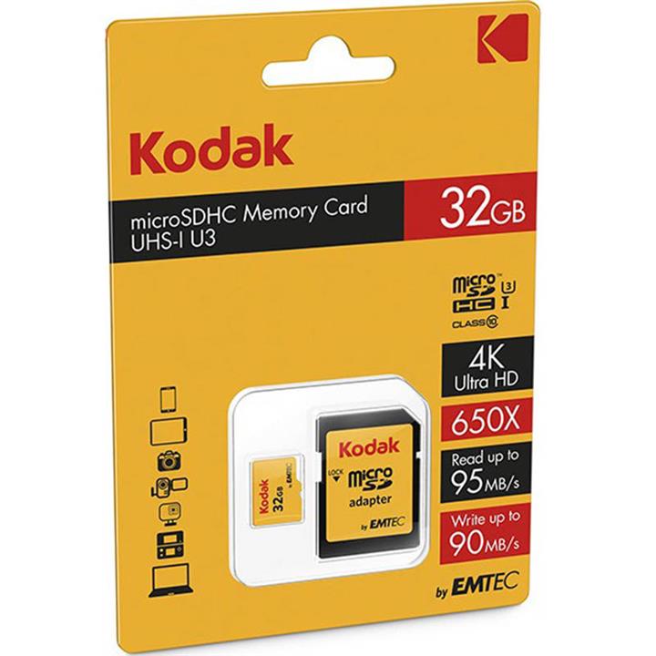 کارت حافظه microSDHC امتک کداک کلاس 10 استاندارد UHS-I U3 سرعت 95MBps 650X به همراه آداپتور SD ظرفیت 32 گیگابایت Emtec Kodak UHS-I U3 Class 10 95MBps 650X microSDHC With Adapter - 32GB