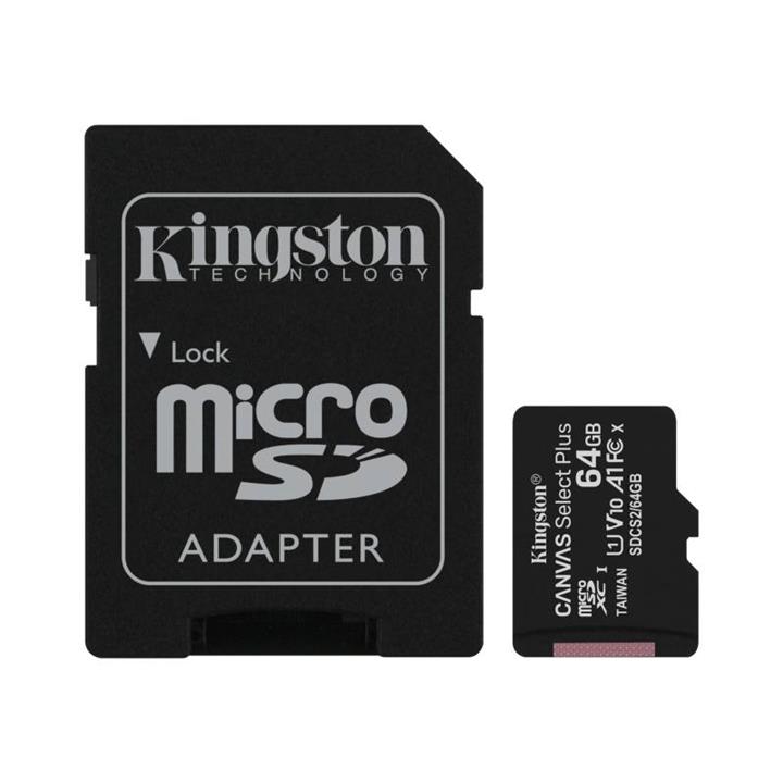 کارت حافظه microSDHC کینگستون مدل Canvas plus کلاس ۱۰ استاندارد UHS-I U1 سرعت ۱۰۰MBps ظرفیت ۶۴ گیگابایت به همراه آداپتور SD