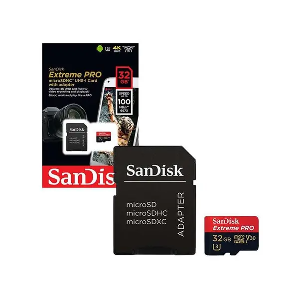 کارت حافظه microSDHC سن دیسک مدل Extreme Pro V30 کلاس 10 استاندارد UHS-I U3 سرعت 100MBps 667X ظرفیت 32 گیگابایت Sandisk Extreme Pro V30 UHS-I U3 Class 10 100MBps 667X microSDHC Card 32GB